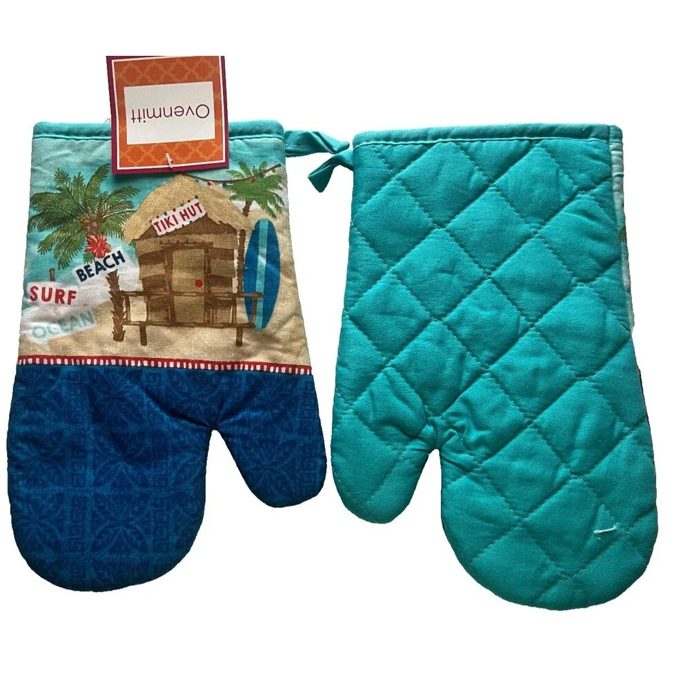 Kitchen Oven Mitts Set of 2 Tiki Hut Surfboards Summer Beach Palm Tree